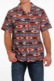 Blake Cinch Men's Blanket Stripe Short Sleeve Camp Shirt- Burgundy/ Navy/ White