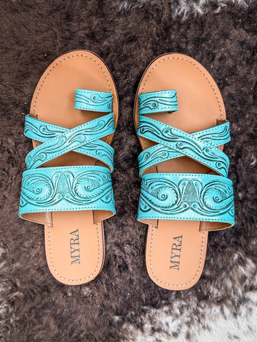 Myra Bag - Delia Ridge Hand Tooled Sandals in Turquoise - Women's Shoes - Myra Bag - Bronco Western Supply Co.