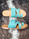 Myra Bag - Delia Ridge Hand Tooled Sandals in Turquoise - Women's Shoes - Myra Bag - Bronco Western Supply Co.
