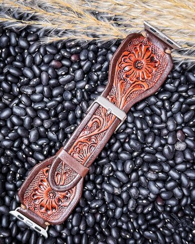 Myra Bag - Lone Star Hand Tooled Leather Watch Band in Antique Mahogany - Accessories - Myra Bag - Bronco Western Supply Co.