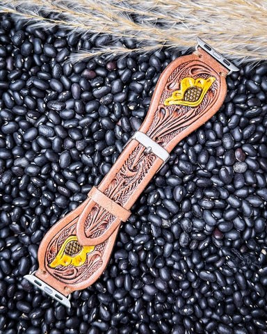 Myra Bag - Lone Star Hand Tooled Leather Watch Band in Antique Tan - Accessories - Myra Bag - Bronco Western Supply Co.