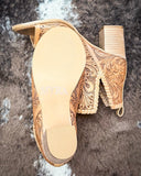 Myra Bag - Persimmonee Heels In Brown - Tooled Leather Peep - Toe Booties - Women's Shoes - Myra Bag - Bronco Western Supply Co.