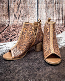 Myra Bag - Persimmonee Heels In Brown - Tooled Leather Peep - Toe Booties - Women's Shoes - Myra Bag - Bronco Western Supply Co.