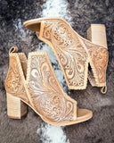 Myra Bag - Persimmonee Heels In Brown - Tooled Leather Peep - Toe Booties - Women's Shoes - Myra Bag - Bronco Western Supply Co.