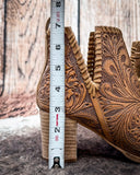 Myra Bag - Persimmonee Heels In Brown - Tooled Leather Peep - Toe Booties - Women's Shoes - Myra Bag - Bronco Western Supply Co.