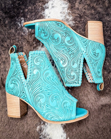 Myra Bag - Persimmonee Heels in Turquoise – Tooled Leather Peep - Toe Booties - Women's Shoes - Myra Bag - Bronco Western Supply Co.