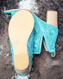 Myra Bag - Persimmonee Heels in Turquoise – Tooled Leather Peep - Toe Booties - Women's Shoes - Myra Bag - Bronco Western Supply Co.