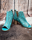 Myra Bag - Persimmonee Heels in Turquoise – Tooled Leather Peep - Toe Booties - Women's Shoes - Myra Bag - Bronco Western Supply Co.