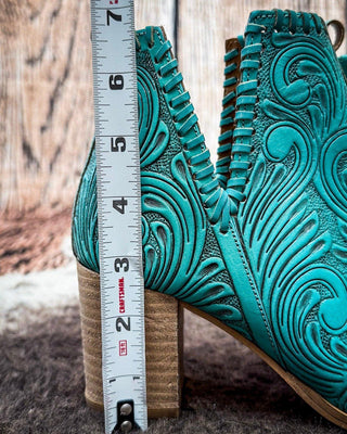 Myra Bag - Persimmonee Heels in Turquoise – Tooled Leather Peep - Toe Booties – Women's Shoes from Bronco Western Supply Co.