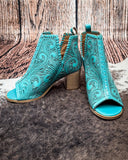 Myra Bag - Persimmonee Heels in Turquoise – Tooled Leather Peep - Toe Booties - Women's Shoes - Myra Bag - Bronco Western Supply Co.