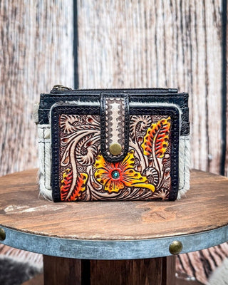 Myra Bag - Wildflowers of the Prairie – Tooled Leather Card Holder with Hair - On Hide – Purses & Wallets from Bronco Western Supply Co.