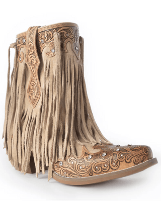 Brown fringe cowboy boot with intricate designs on a white background