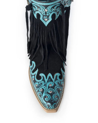 Black boot with turquoise embroidery and fringe on a white background