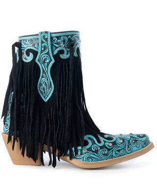 Black cowboy boots with turquoise embroidery and fringe on a white background