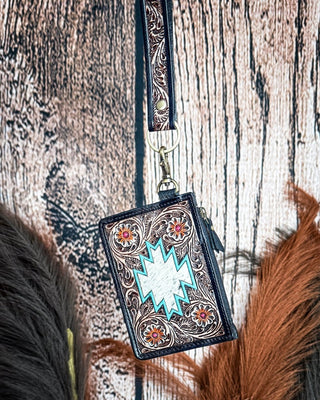 Navajo Sky Hand Tooled Hairon Leather Card Holder in Antique Brown By Myra Bag – Purses & Wallets from Bronco Western Supply Co.