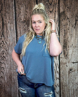 Oakley Short Sleeved Ribbed Top in Dusty Blue – Apparel from Bronco Western Supply Co.