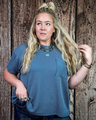 Oakley Short Sleeved Ribbed Top in Dusty Blue – Apparel from Bronco Western Supply Co.
