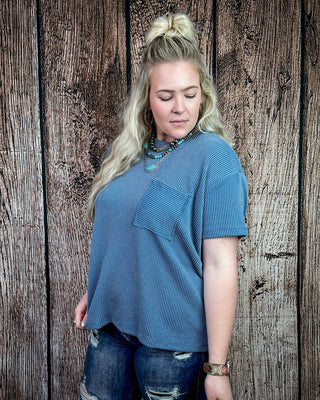 Oakley Short Sleeved Ribbed Top in Dusty Blue – Apparel from Bronco Western Supply Co.