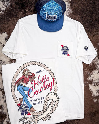 Pabst Blue Ribbon Hello Cowboy Hooey Tee – Apparel from Bronco Western Supply Co.