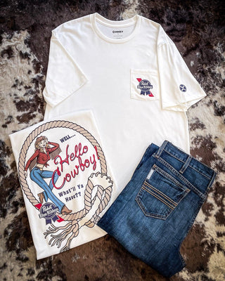 Pabst Blue Ribbon Hello Cowboy Hooey Tee – Apparel from Bronco Western Supply Co.