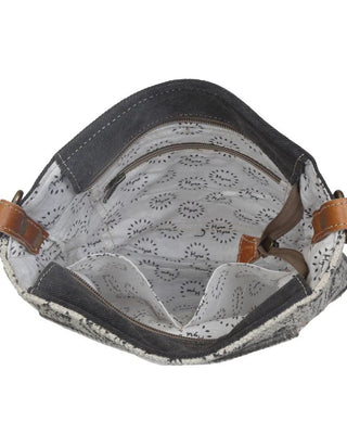 Close-up of a bag with a patterned interior on a white background