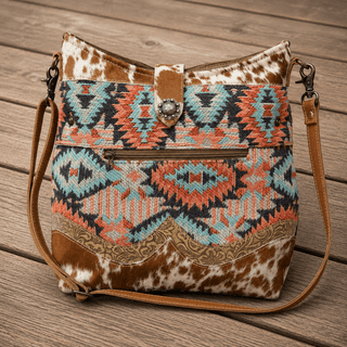 A western-style bucket shoulder bag with a brown and white cowhide pattern, a turquoise and coral geometric woven front panel, and tan leather straps, shown on a wooden deck.