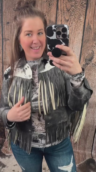 She’s bold. She’s badass. ⚡️🖤
The Midnight Rider Jacket is real leather, real fringe, and really hard to keep in stock. With vintage black distressing, cowhide detail, and buttery-soft fringe, it’s a total showstopper.

🔥 Premium leather feel
🔥 Statement-making fit
🔥 Only a few left in stock...

Throw it on and let the jacket do the talking.