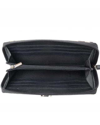 Black leather wallet with multiple card slots on a white background