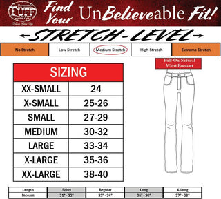 Sizing chart for pants with stretch level indicators and Tuff brand logo.