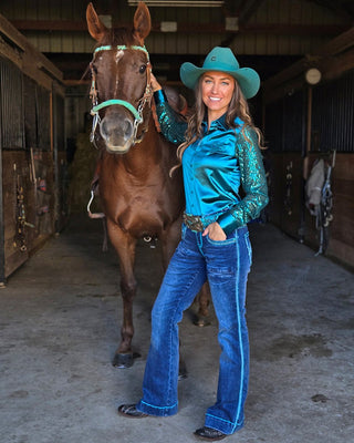 Pull - On Turquoise Hurricane Trouser by Cowgirl Tuff – Apparel from Bronco Western Supply Co.