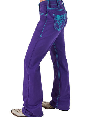 Purple pants with blue stitching on a white background