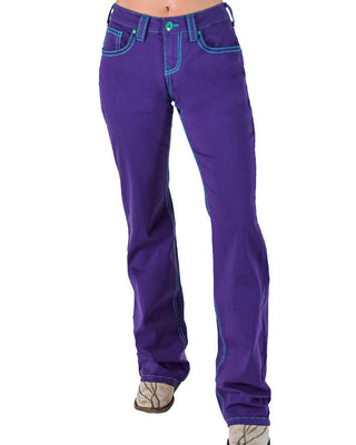 Purple pants with green stitching on a white background