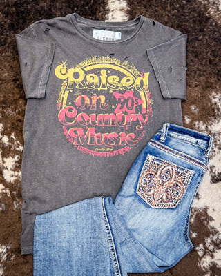 Raised on 90's Country Distressed Graphic Tee - Faded Black – Apparel from Bronco Western Supply Co.