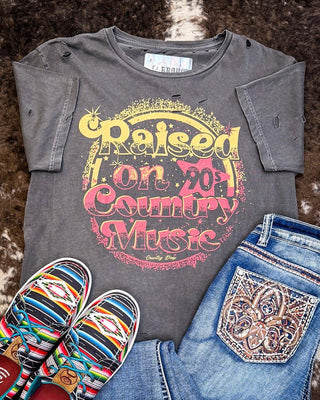 Raised on 90's Country Distressed Graphic Tee - Faded Black – Apparel from Bronco Western Supply Co.