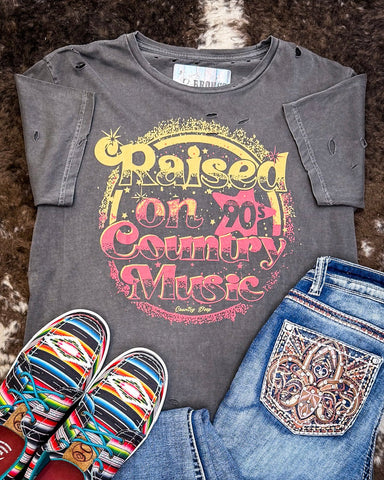Raised on 90's Country Distressed Graphic Tee - Faded Black - Apparel - Country Deep Apparel - Bronco Western Supply Co.