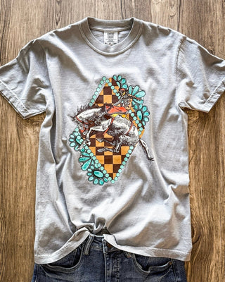 Raleigh Bronc Graphic Tee in Granite – Apparel from Bronco Western Supply Co.