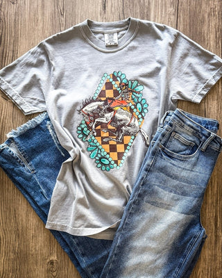 Raleigh Bronc Graphic Tee in Granite – Apparel from Bronco Western Supply Co.