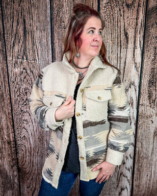 Rangeview Teddy Fleece Aztec Shacket in Sand – Apparel from Bronco Western Supply Co.