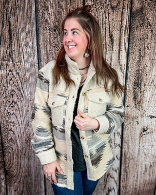 Rangeview Teddy Fleece Aztec Shacket in Sand – Apparel from Bronco Western Supply Co.