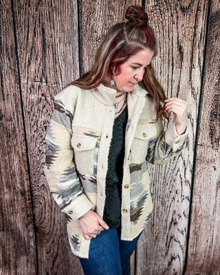 Rangeview Teddy Fleece Aztec Shacket in Sand – Apparel from Bronco Western Supply Co.