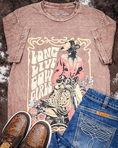 Retro Long Live Cowgirls Graphic Tee - Mocha - Apparel - Lotus Fashion - Bronco Western Supply Co.