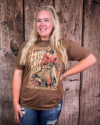 Retro Long Live Cowgirls Graphic Tee - Mocha – Apparel from Bronco Western Supply Co.