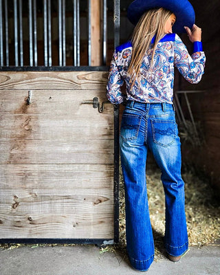 Retro Wide Leg Trouser Jeans in Dark Wash by Cowgirl Tuff – Apparel from Bronco Western Supply Co.