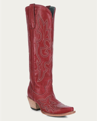 Corral A4465 tall red snip toe boot with western embroidery, full three-quarter view