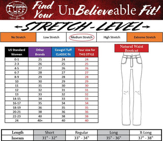 Stretch level chart for women's pants with size guide and waist measurement chart.