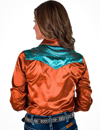 Rust & Turquoise Retro Bootstitch Satin Pullover Button Up by Cowgirl Tuff – Apparel from Bronco Western Supply Co.