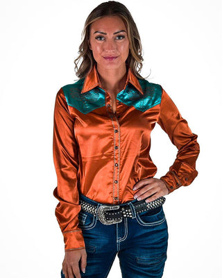 Rust & Turquoise Retro Bootstitch Satin Pullover Button Up by Cowgirl Tuff – Apparel from Bronco Western Supply Co.