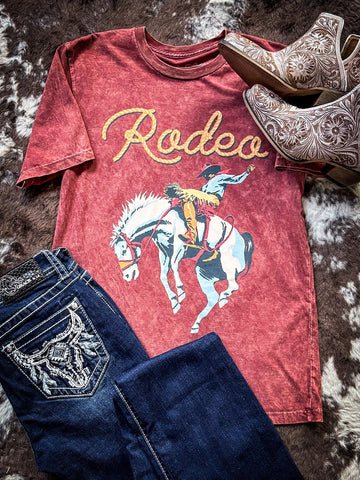 Saddle Bronc Rodeo Graphic Tee - Wine - Apparel - Lotus Fashion - Bronco Western Supply Co.