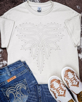 Saddle Trace Rhinestone Boot Stitch Tee in Tan – Apparel from Bronco Western Supply Co.