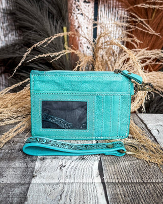 Sage River Hand Tooled Hairon Leather Card Holder in Frontier Aqua By Myra Bag – Purses & Wallets from Bronco Western Supply Co.